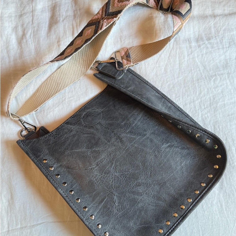 Gray Studded Crossbody Bag with Patterned Strap